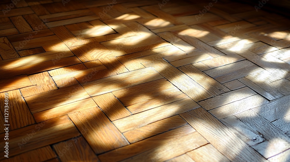 Sunlight casts shadows on a parquet wood floor. Sunlight casts shadows on a parquet wood floor.