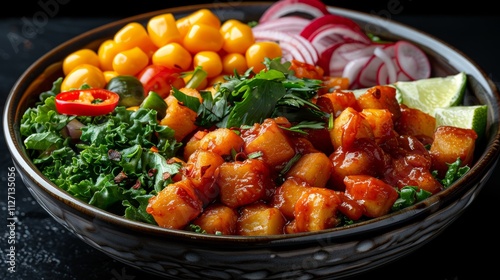 Vegan Buddha Bowl with Roasted Chickpeas, Spicy Tofu, Greens, and Red Onion. Healthy Food Concept