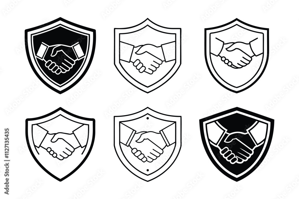 set of shields with business handshake set of shields with business handshake