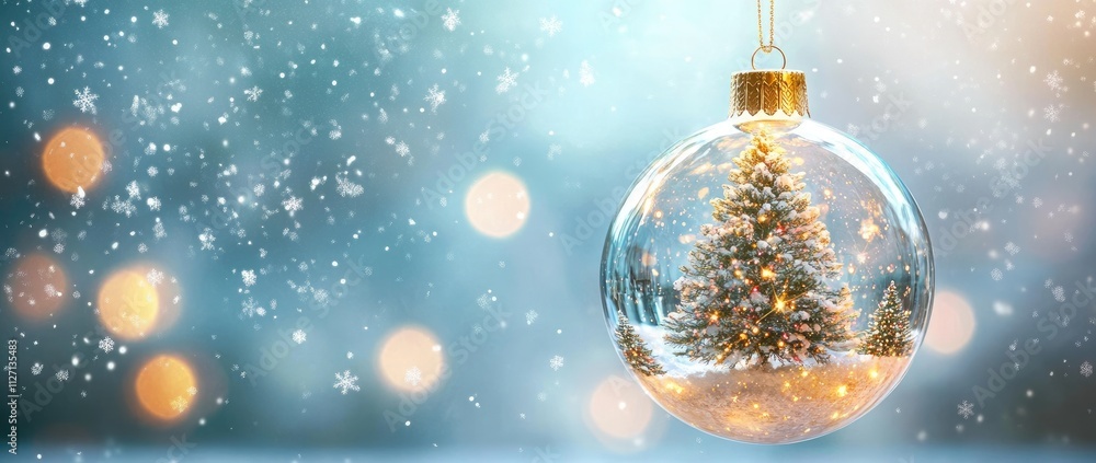 A Christmas tree inside a glass ball with a blurred background of snowflakes and bokeh lights, ideal for Christmas decorations, greeting cards, or banner designs A Christmas tree inside a glass ball with a blurred background of snowflakes and bokeh lights, ideal for Christmas decorations, greeting cards, or banner designs
