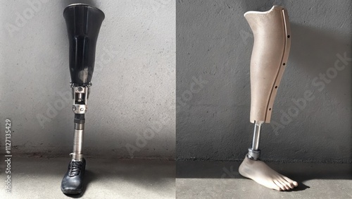 A sidebyside comparison of a traditional prosthetic limb and its modern 3Dprinted counterpart illustrating advancements in design and personalization. photo