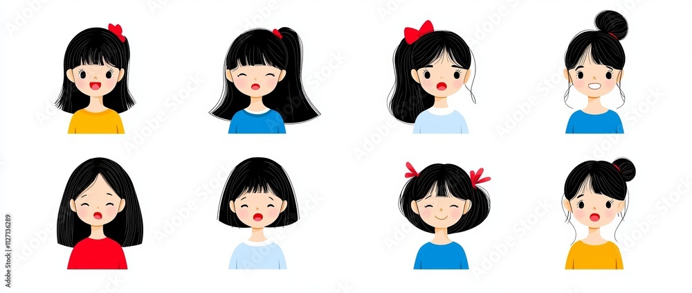 Animated girl avatar with eyes, brows, nose, lips, haircut, for creating female avatars. Cartoon modern illustrations. Animated girl avatar with eyes, brows, nose, lips, haircut, for creating female avatars. Cartoon modern illustrations.