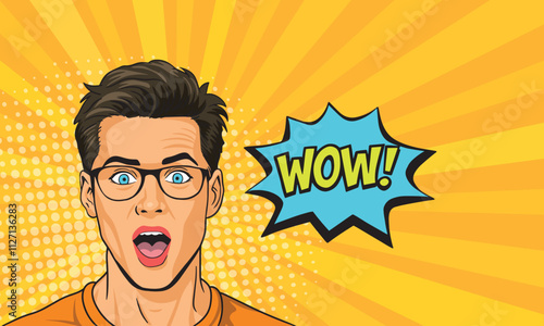 Emotional man with the inscription wow on a colored background. in a bright pop art style