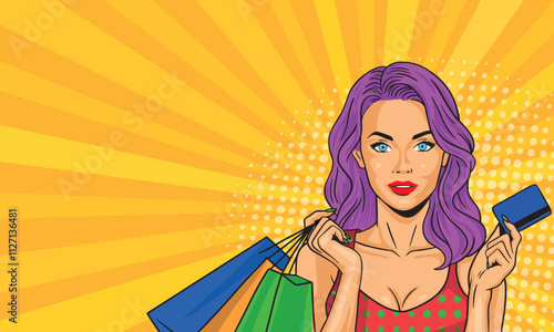 A beautiful girl with purple hair with purchases and a bank card. on a colored background. in a bright pop art style