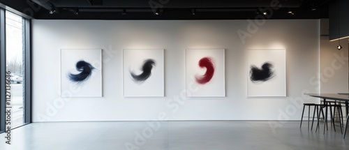 Empty room with a large window on the left side and a table and chairs on the right side. in the center of the room, there is a white wall with four paintings hanging on it. photo