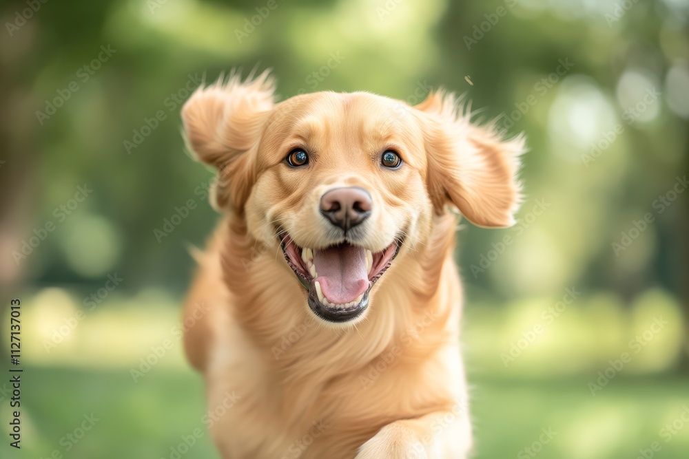 A joyful golden retriever runs happily in a lush green park, exuding energy and playfulness. A joyful golden retriever runs happily in a lush green park, exuding energy and playfulness.