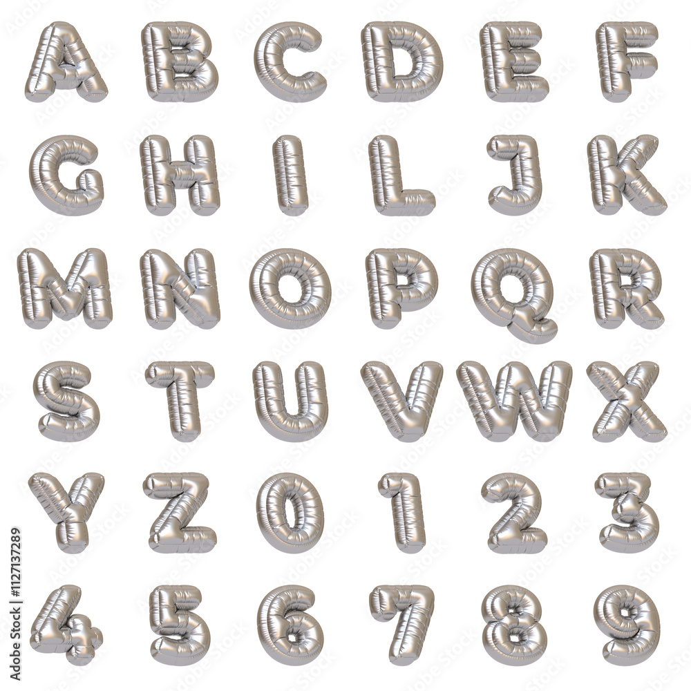 Full set of silver balloon letters A-Z and numbers 0-9, isolated on a white background, ideal for elegant celebrations. 3D render illustration Full set of silver balloon letters A-Z and numbers 0-9, isolated on a white background, ideal for elegant celebrations. 3D render illustration