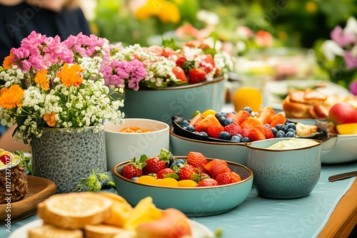 A vibrant outdoor table filled with colorful fruits, flowers, and breakfast items, creating a cheerful and inviting atmosphere.
