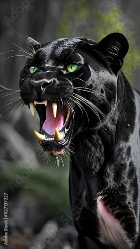 Black jaguar wallpaper showcasing its piercing green eyes, fierce snarl, and majestic wild presence.

