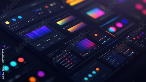 Colorful data visualization panels, dark interface.