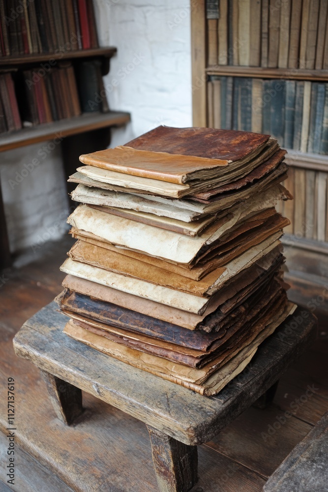 A stack of old, leather-bound books resting on a wooden stool in a cozy library setting. A stack of old, leather-bound books resting on a wooden stool in a cozy library setting.