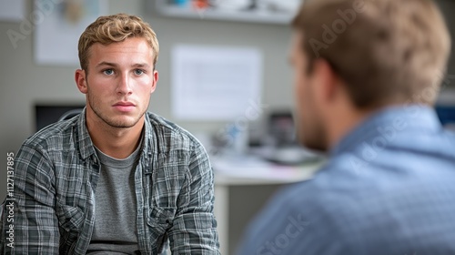 Two individuals have a focused discussion in a contemporary office environment