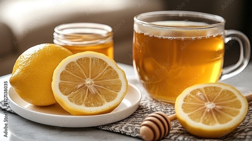 Hot lemon drink with honey and fresh lemon slices enhances the inviting kitchen atmosphere Hot lemon drink with honey and fresh lemon slices enhances the inviting kitchen atmosphere