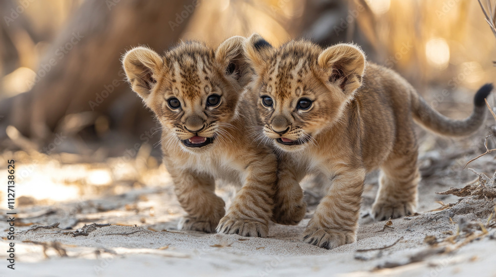 A baby lion cub playfully biting its sibling tail in the African savanna A baby lion cub playfully biting its sibling tail in the African savanna