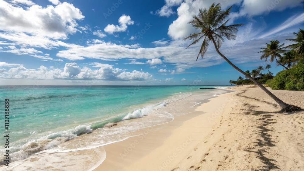 A lone palm tree leans over a pristine sandy beach, its shadow stretching across the white sand towards the turquoise blue waters of the ocean, while fluffy clouds drift across a bright blue sky. A lone palm tree leans over a pristine sandy beach, its shadow stretching across the white sand towards the turquoise blue waters of the ocean, while fluffy clouds drift across a bright blue sky.
