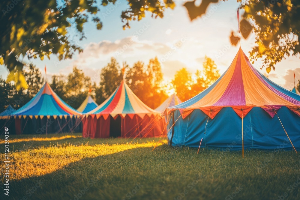 Colorful tents set against a sunset, creating a festive atmosphere in a grassy field. Colorful tents set against a sunset, creating a festive atmosphere in a grassy field.