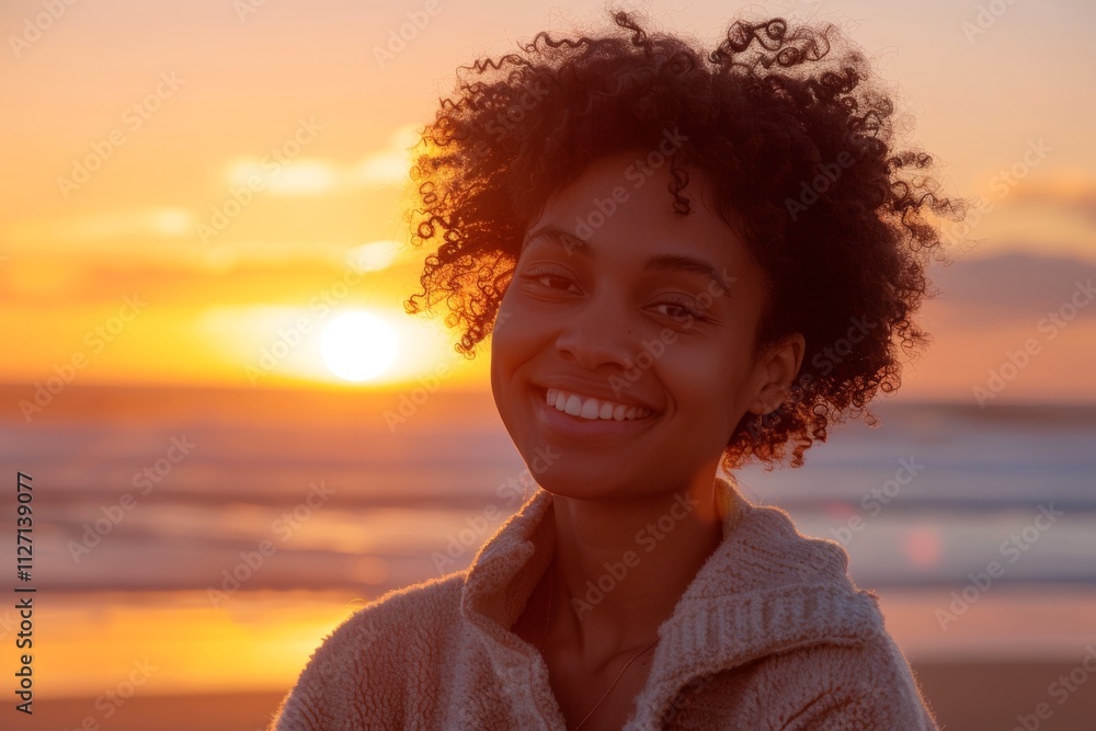 Portrait of a glad afro-american woman in her 20s dressed in a comfy fleece pullover isolated in stunning sunset beach background Portrait of a glad afro-american woman in her 20s dressed in a comfy fleece pullover isolated in stunning sunset beach background