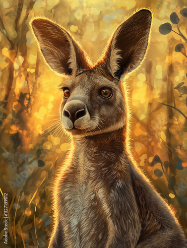 Kangaroo in golden sunset with soft natural bokeh background