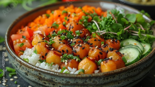 Vegan Buddha Bowl with Roasted Sweet Potatoes, Rice, and Fresh Vegetables. Healthy Food Concept.