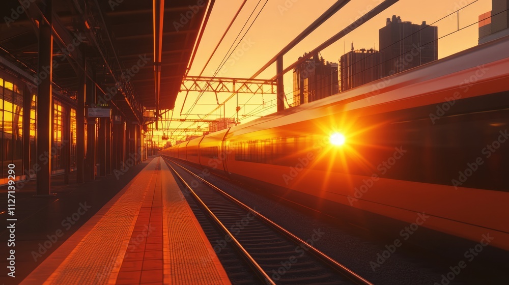 High-speed train departing station at sunset. High-speed train departing station at sunset.