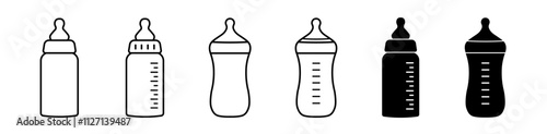 Baby bottle icon set. Feeding milk bottle with a nipple symbol. Editable stroke. Vector illustration.