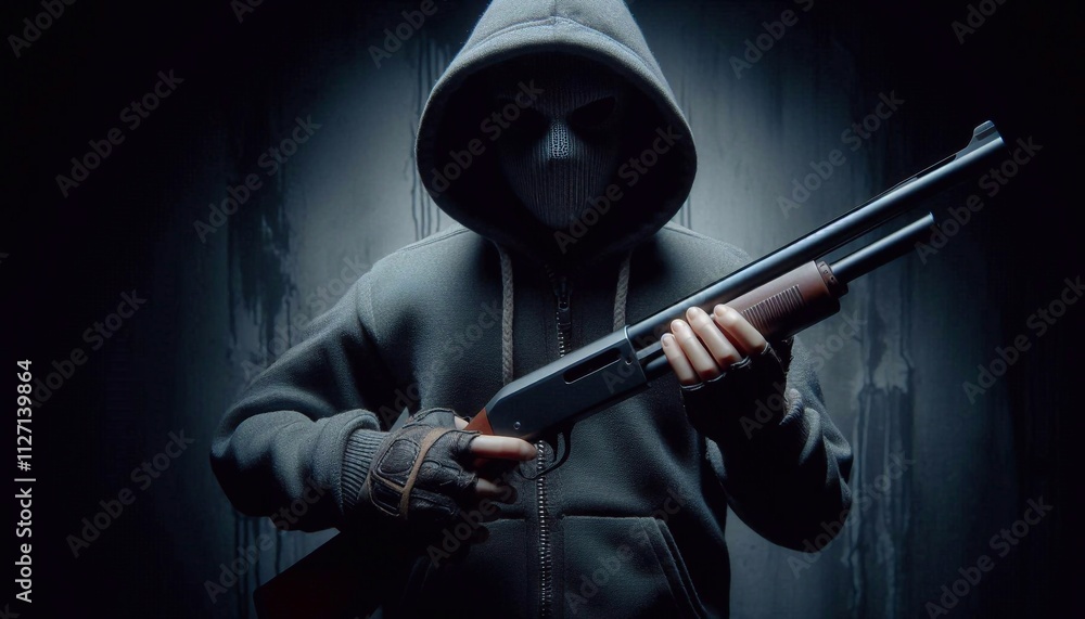 Fototapeta premium A figure in a hoodie, a determined pose with a pump-action shotgun in his hands