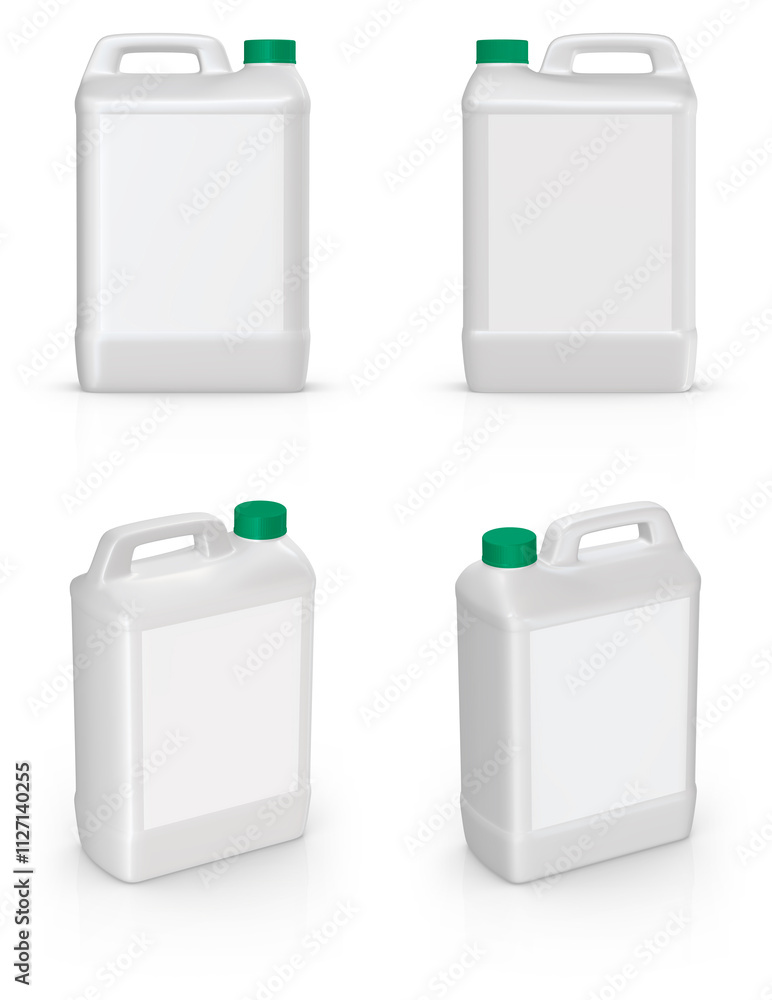 A 3D mockup of a 5-liter plastic canister with a blank white label and a green screw cap. A 3D mockup of a 5-liter plastic canister with a blank white label and a green screw cap.