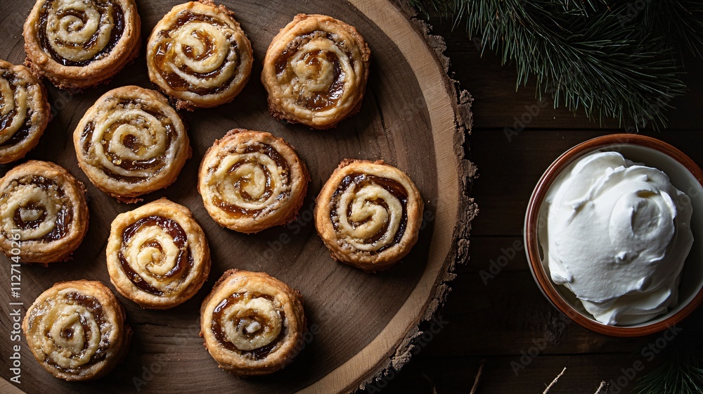 A rustic display of golden date pinwheel cookies on a wooden platter, with a small bowl of whipped cream A rustic display of golden date pinwheel cookies on a wooden platter, with a small bowl of whipped cream