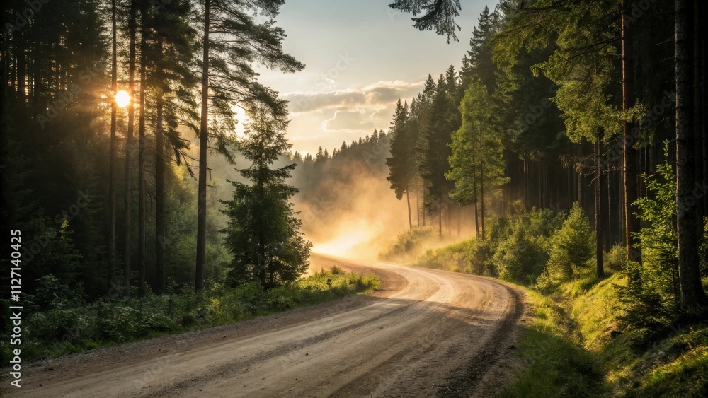 Obraz premium A winding dirt road through a dense forest illuminated by the warm glow of the setting sun, casting long shadows and creating a sense of mystery and adventure.