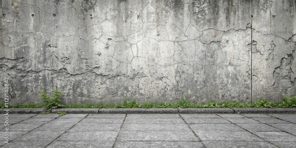 Fototapeta premium Concrete wall texture, weathered surface, grunge aesthetic, urban backdrop, gray tones, rough texture, industrial setting, empty space, minimalist composition, gritty atmosphere, street level view, ge