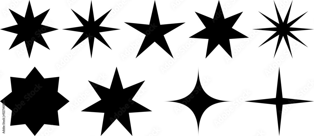 set of abstract black star and starburst shapes, diverse geometric silhouettes, vector illustration for creative designs, festive decorations, logos, or minimalistic backgrounds set of abstract black star and starburst shapes, diverse geometric silhouettes, vector illustration for creative designs, festive decorations, logos, or minimalistic backgrounds