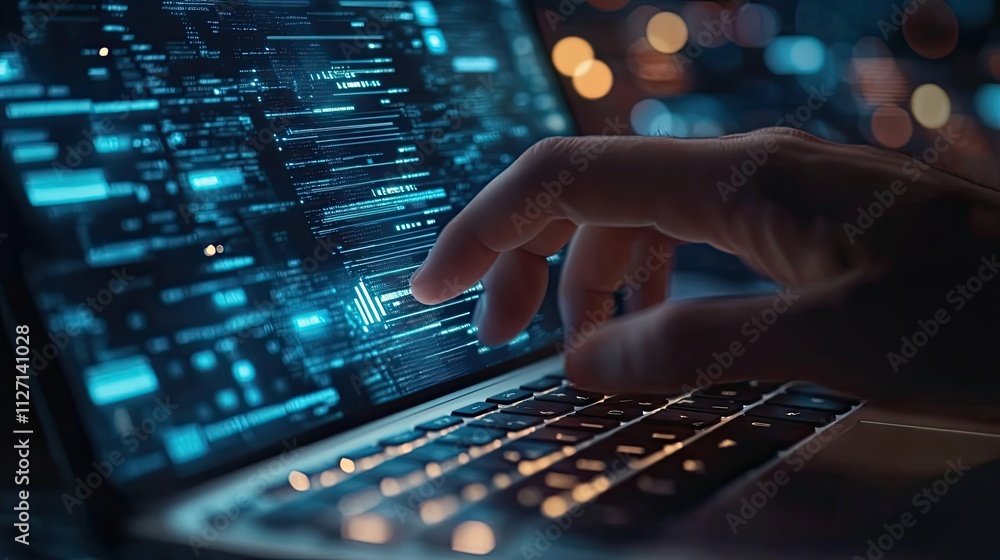 Close-up of a Hand Interacting with a Laptop Screen Displaying Data and Code