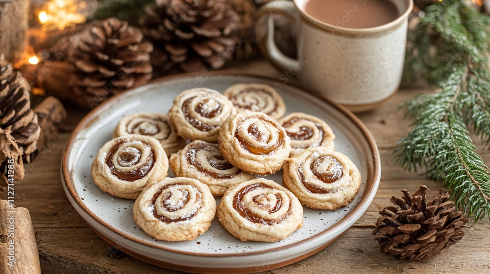 An assortment of date pinwheel cookies on a ceramic plate, with a steaming mug of hot cocoa and rustic decor An assortment of date pinwheel cookies on a ceramic plate, with a steaming mug of hot cocoa and rustic decor