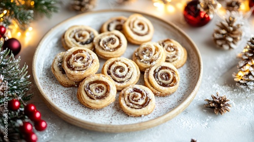 An assortment of date pinwheel cookies on a ceramic plate, with festive decorations like holly berries and twinkling lights