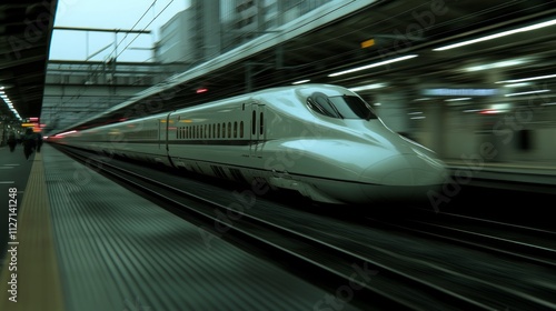 High-speed train speeding through a modern railway station.