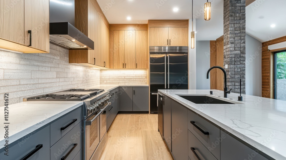 Kitchen with natural oak wood and gray matte cabinetry, featuring light marble countertops for a sleek, minimalist design. Kitchen with natural oak wood and gray matte cabinetry, featuring light marble countertops for a sleek, minimalist design.