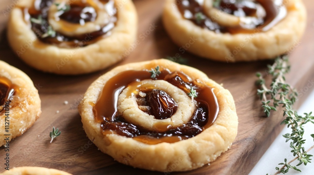 Close up of date pinwheel cookies with a caramel drizzle, placed on a wooden cutting board with decorative sprigs of thyme Close up of date pinwheel cookies with a caramel drizzle, placed on a wooden cutting board with decorative sprigs of thyme