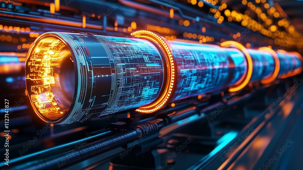 Futuristic glowing pipes with intricate circuits. Futuristic glowing pipes with intricate circuits.