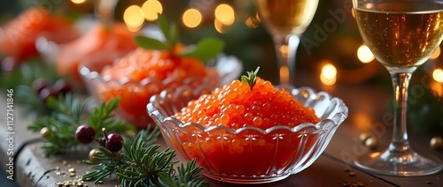 Festive table with red salmon caviar and black sturgeon caviar with glasses of wine