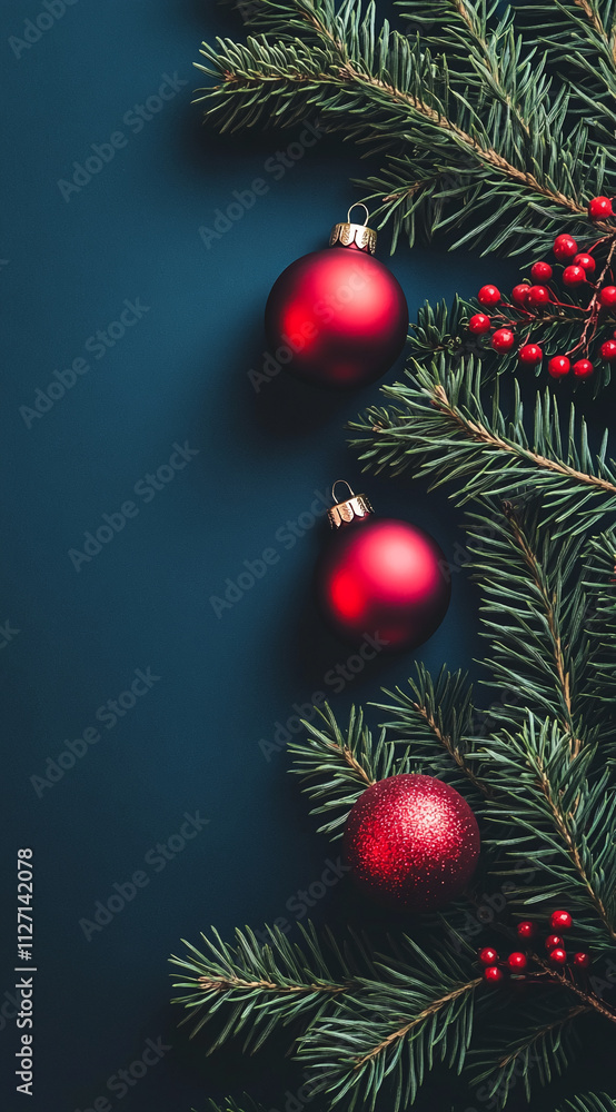 Festive red ornaments and pine branches create a warm holiday atmosphere in a cozy setting Festive red ornaments and pine branches create a warm holiday atmosphere in a cozy setting
