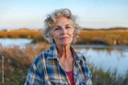 Portrait of a blissful caucasian woman in her 60s wearing a comfy flannel shirt in front of beautiful lagoon background