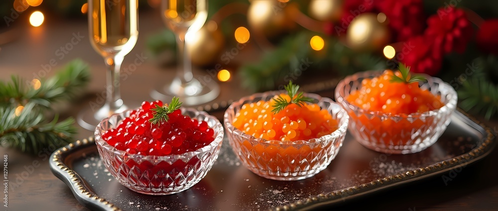 Festive table with red salmon caviar and black sturgeon caviar with glasses of wine Festive table with red salmon caviar and black sturgeon caviar with glasses of wine