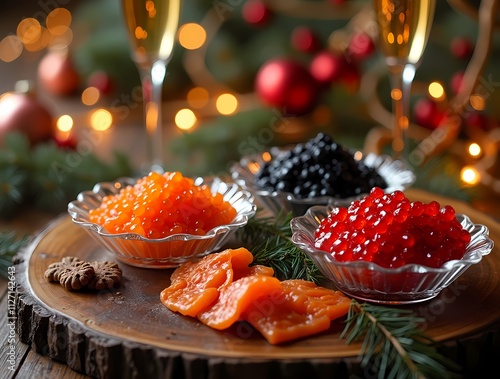 Festive table with red salmon caviar and black sturgeon caviar with glasses of wine photo