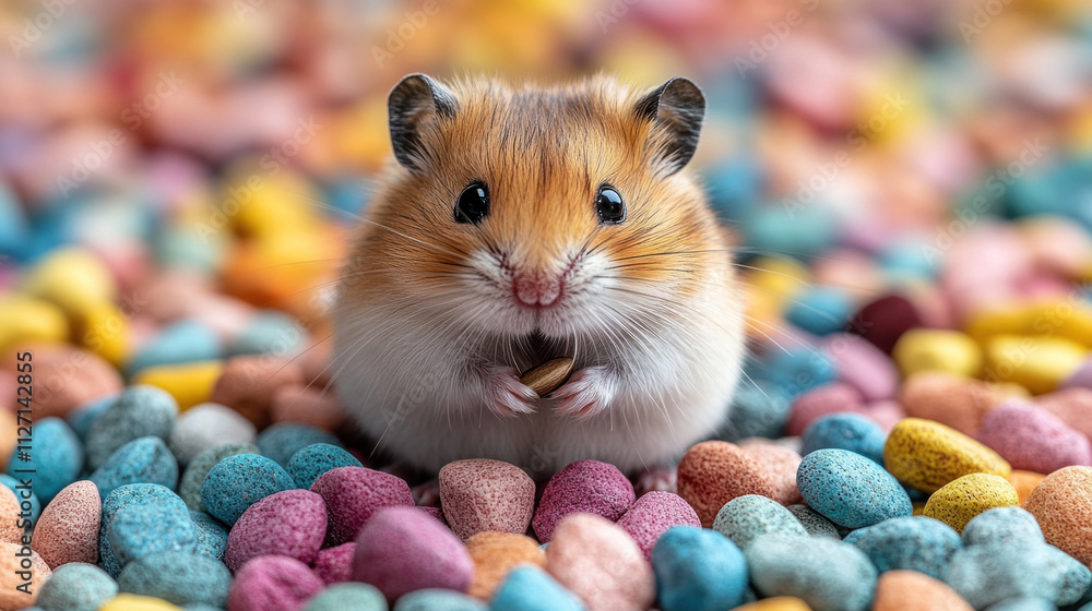 A hamster sitting in a small, colorful habitat nibbling on a sunflower seed A hamster sitting in a small, colorful habitat nibbling on a sunflower seed