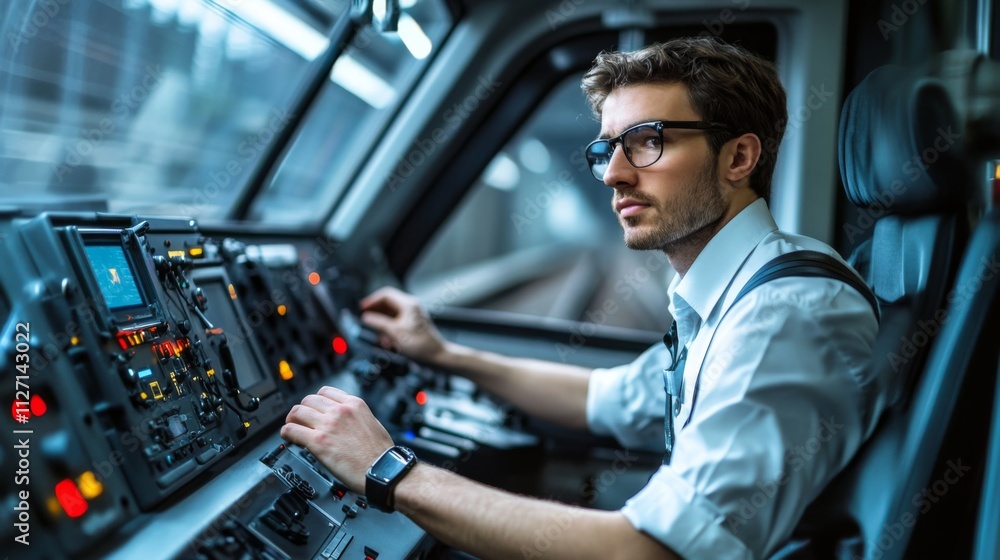 Dedicated Train Driver at the Control Panel Dedicated Train Driver at the Control Panel