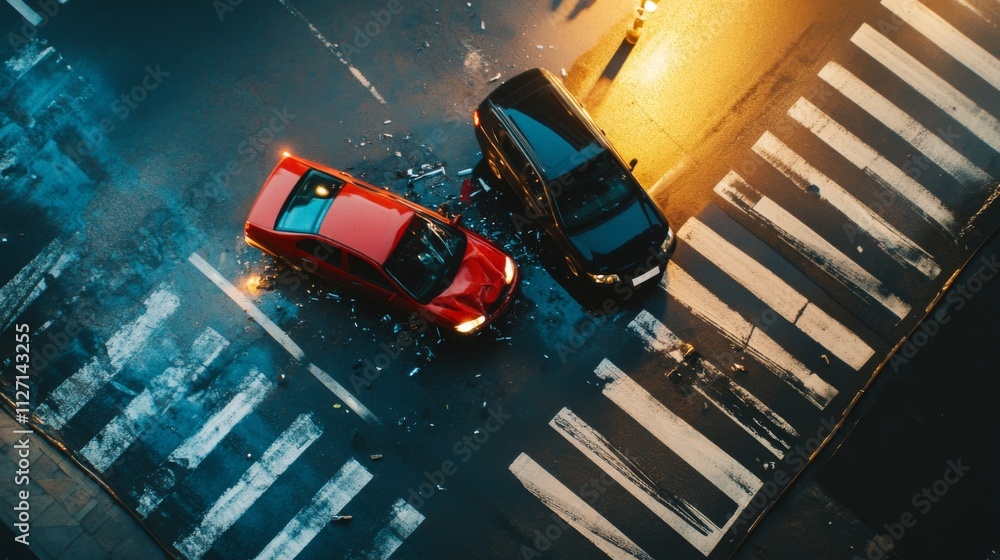 Fototapeta premium Night Road Accident - Damaged Cars at Intersection