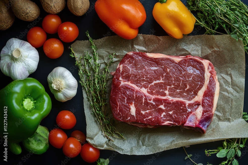 Raw Steak With Vegetables And Herbs Ready For Cooking Raw Steak With Vegetables And Herbs Ready For Cooking