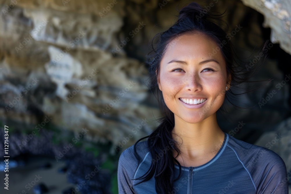 Portrait of a cheerful asian woman in her 30s showing off a lightweight base layer isolated on spectacular sea cave background Portrait of a cheerful asian woman in her 30s showing off a lightweight base layer isolated on spectacular sea cave background