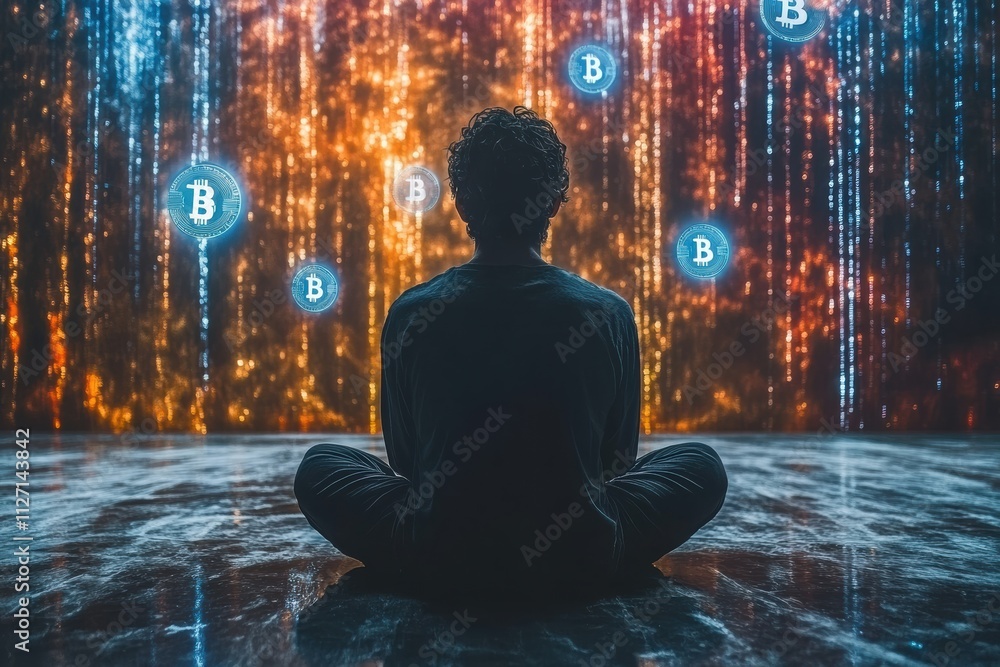 Abstract cryptocurrency-themed image with a contemplative man and floating Bitcoin icons in vibrant hues. Abstract cryptocurrency-themed image with a contemplative man and floating Bitcoin icons in vibrant hues.