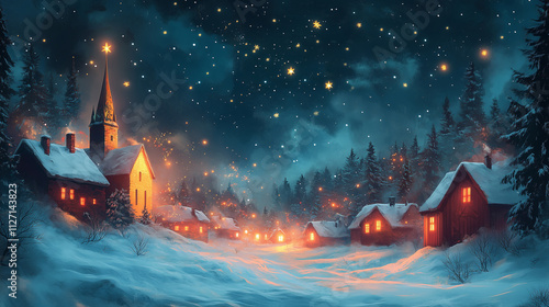 Winter village landscape Merry Christmas greeting card art illustration. Snowy night in cozy town, fairytale winter village, night sky with srats, winter forest, wood, place for text